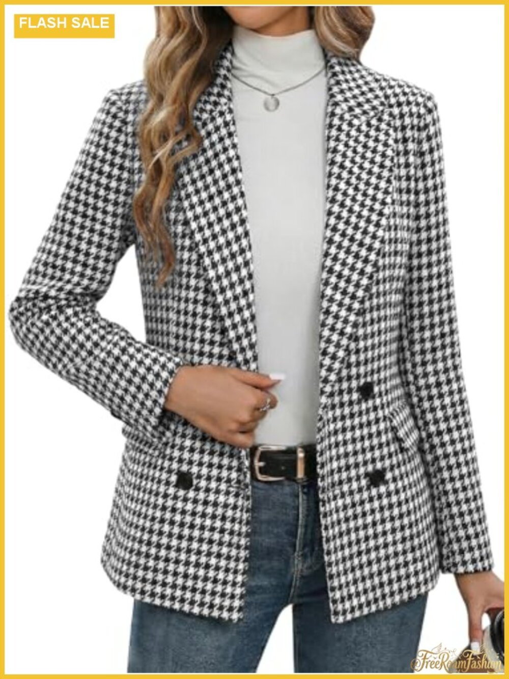Mina Self Tweed Houndstooth Blazer Plaid Fully-Lined Double-Breasted